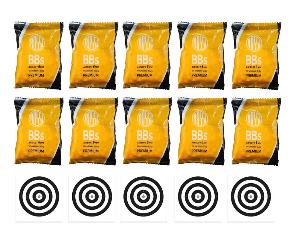 Kit 10 unidades pacote BBs Rossi 0,12G Airsoft 6,0MM 150und + Alvos