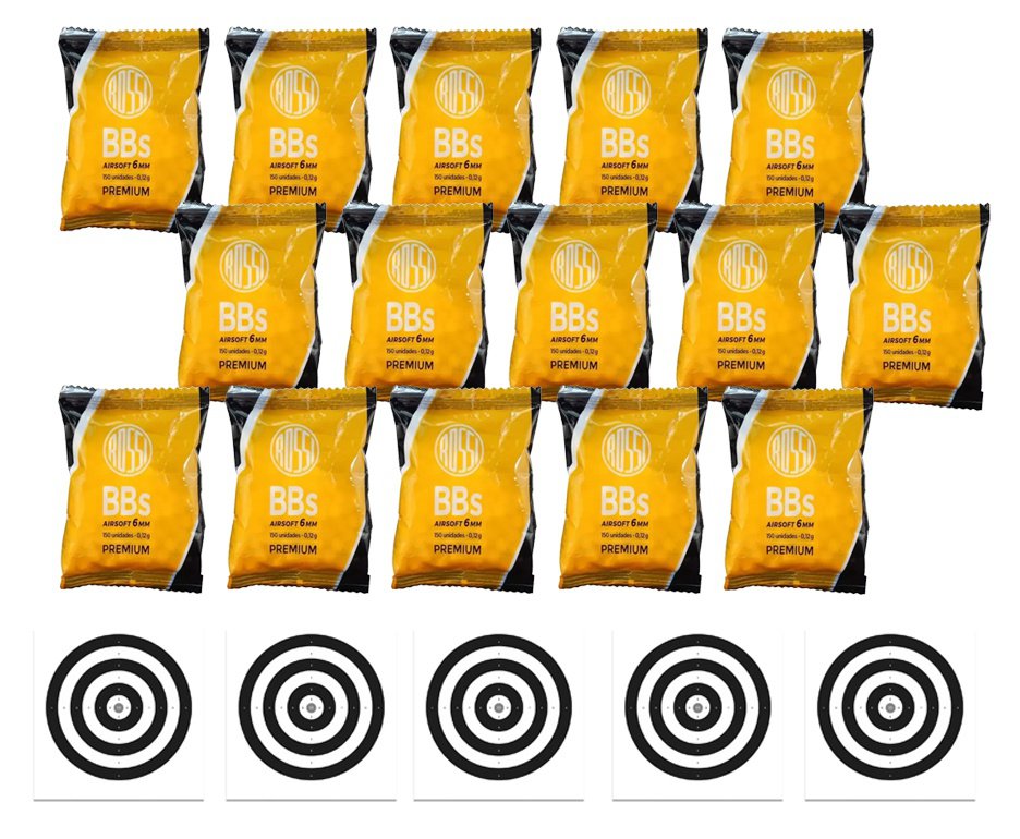 Kit 15 Pacotes de munição BBs Rossi 0,12G Airsoft 6,0MM 150und + Alvos