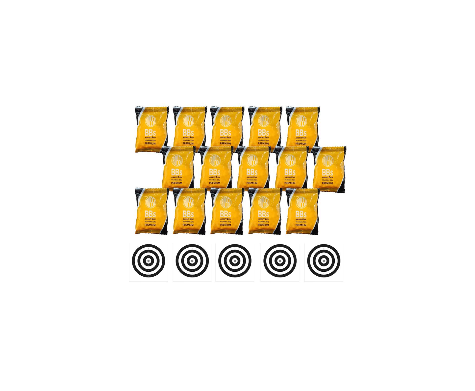Kit 15 Pacotes de munição BBs Rossi 0,12G Airsoft 6,0MM 150und + Alvos