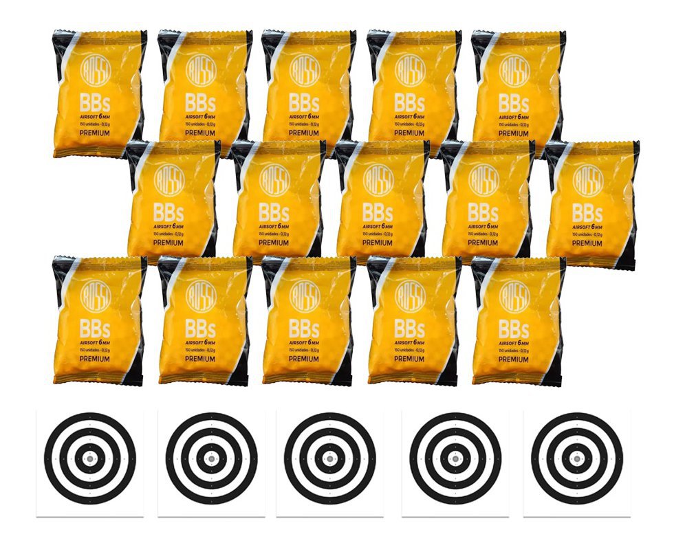 Kit 15 Pacotes de munição BBs Rossi 0,12G Airsoft 6,0MM 150und + Alvos