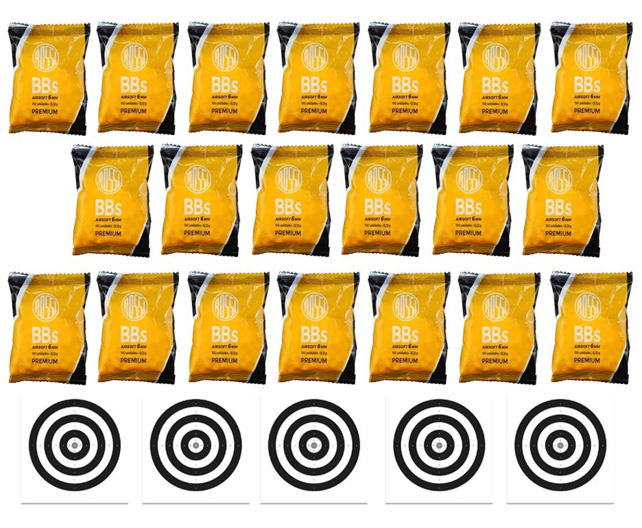 Kit 20 Pacotes munição BBs Rossi 0,12G Airsoft 6,0MM 150und + Alvos