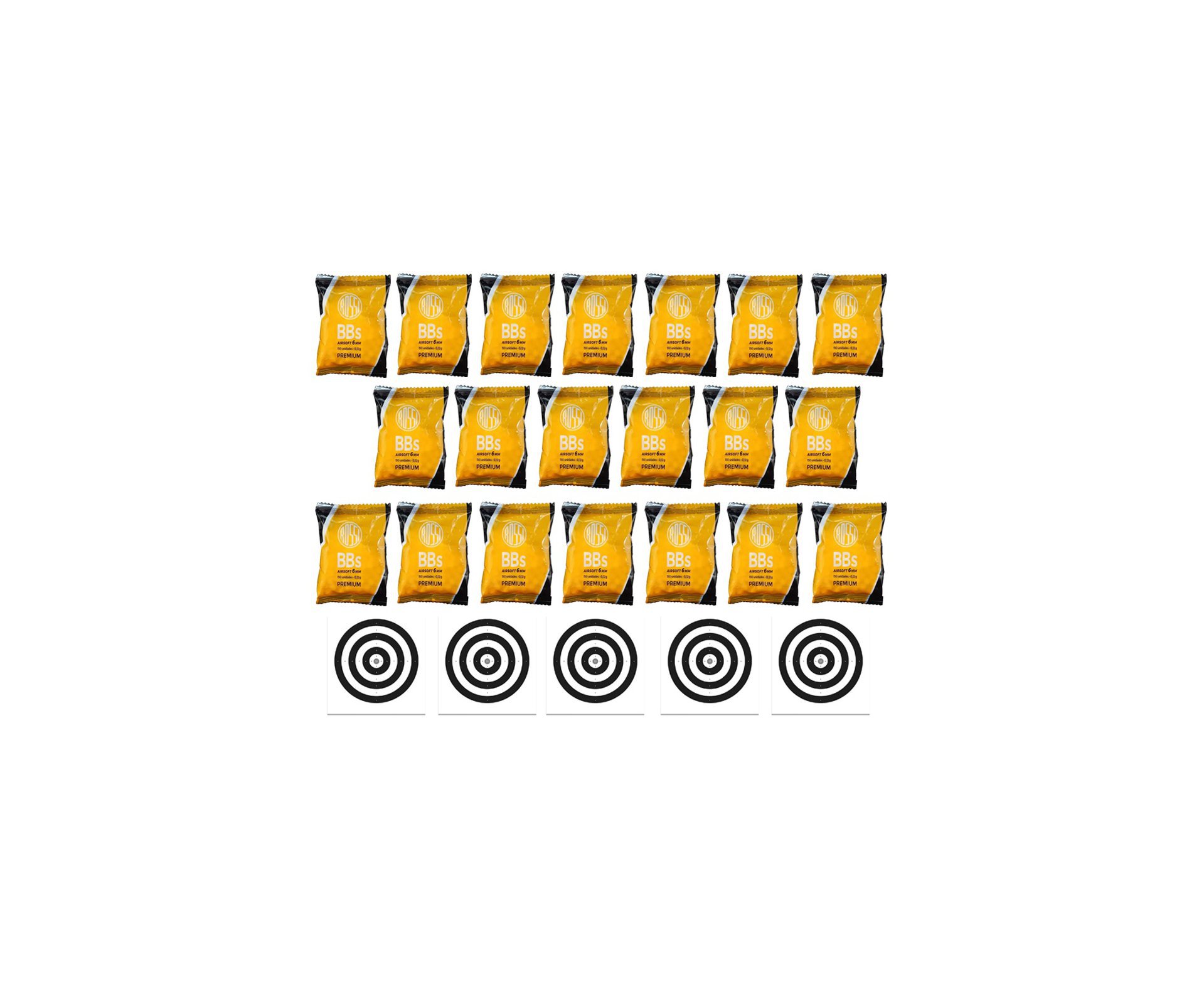 Kit 20 Pacotes munição BBs Rossi 0,12G Airsoft 6,0MM 150und + Alvos