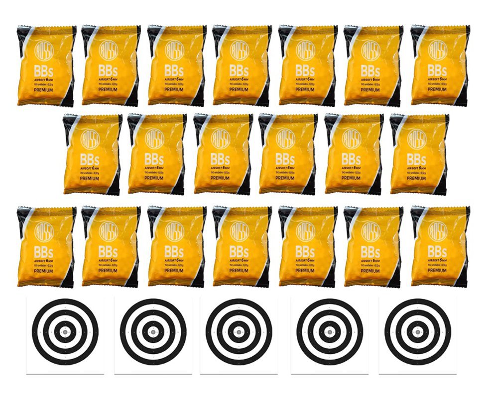 Kit 20 Pacotes munição BBs Rossi 0,12G Airsoft 6,0MM 150und + Alvos