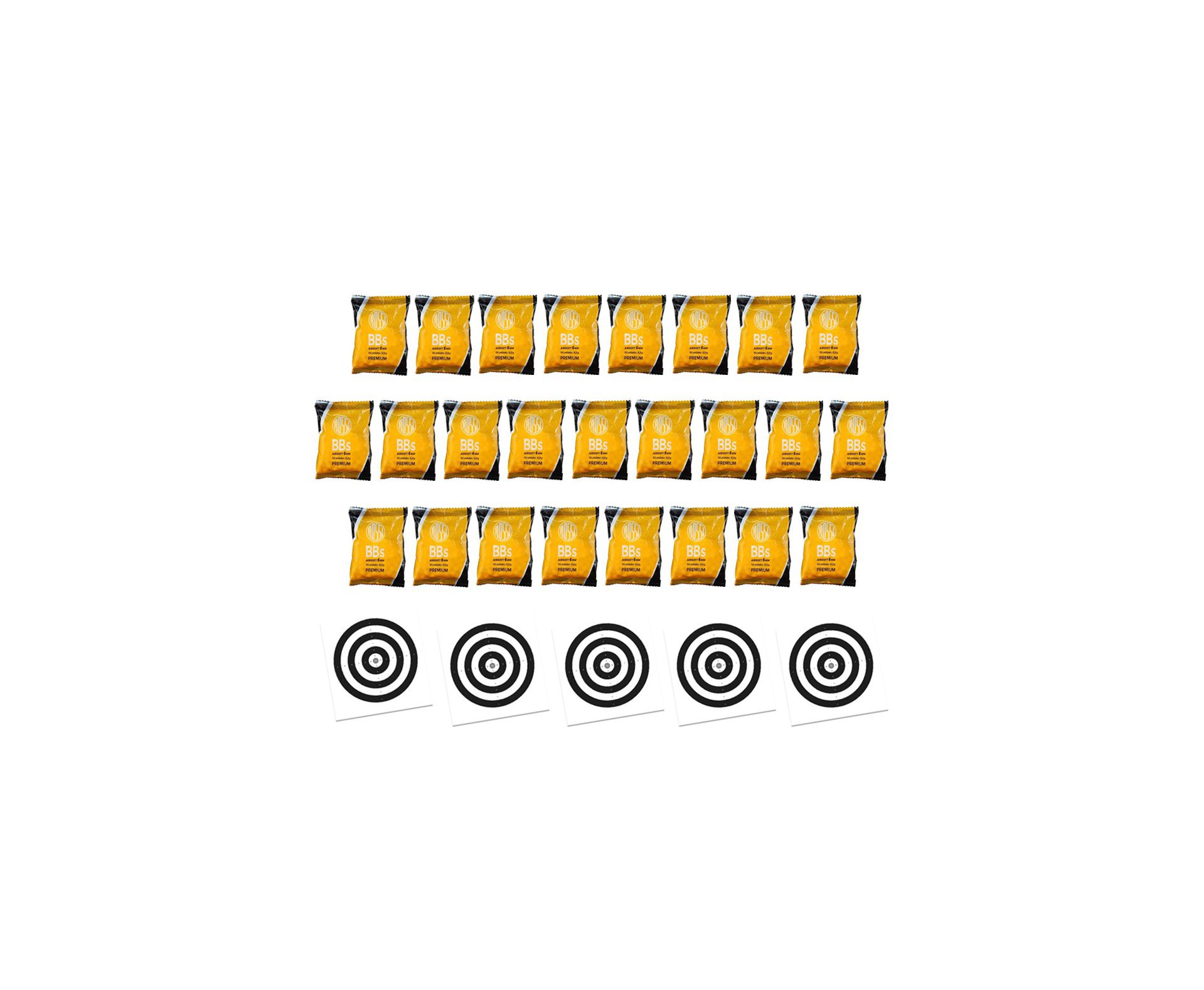 Kit 25 Pacotes de munição BBs Rossi 0,12G Airsoft 6,0MM 150und + Alvos