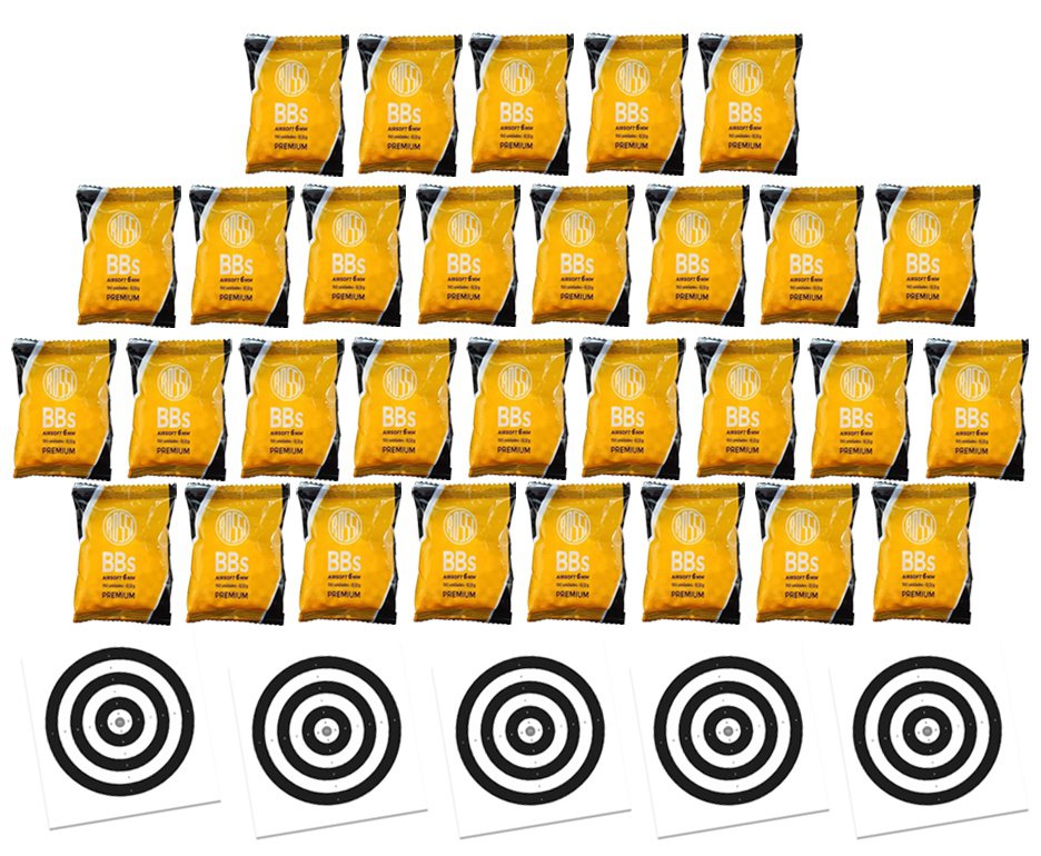 Kit 30 Pacotes munição BBs Rossi 0,12G Airsoft 6,0MM 150und + Alvos