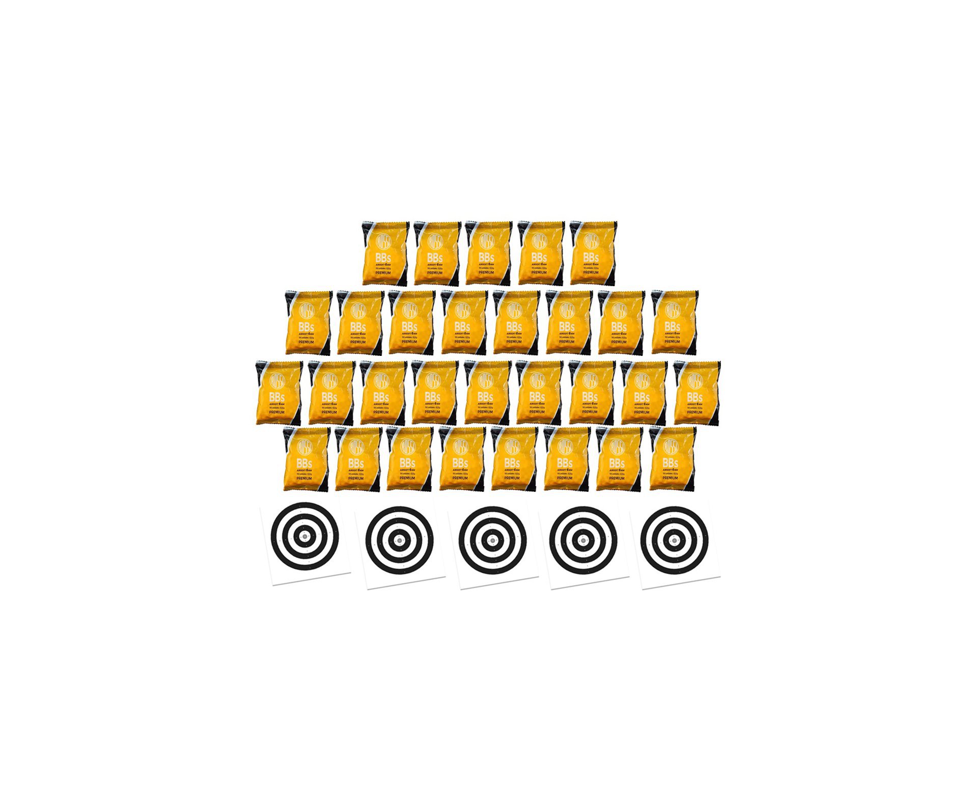 Kit 30 Pacotes munição BBs Rossi 0,12G Airsoft 6,0MM 150und + Alvos