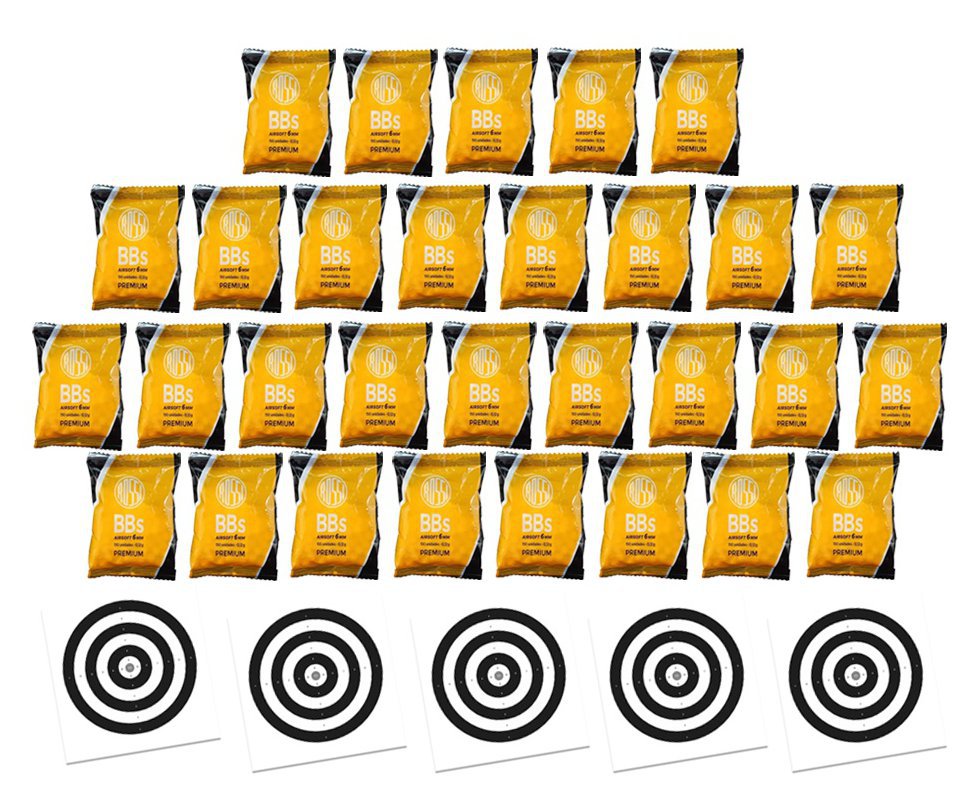 Kit 30 Pacotes munição BBs Rossi 0,12G Airsoft 6,0MM 150und + Alvos