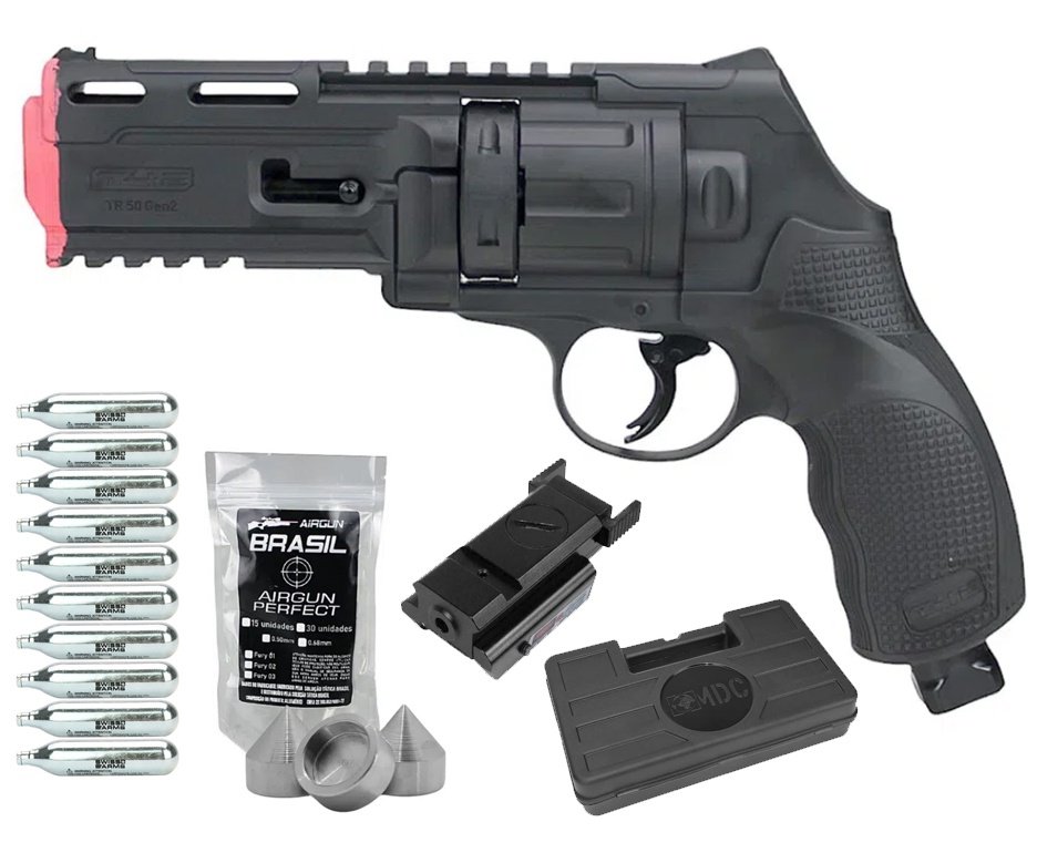 Revólver de Pressão CO2 HDR T4F .50 GEN2 Defense Umarex LTL + Munição Strike Fury + Co2 + Case + Laser