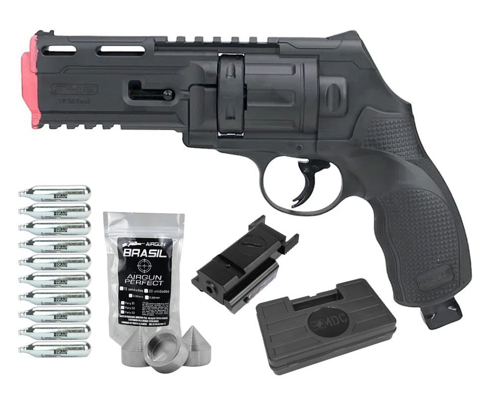 Revólver de Pressão CO2 HDR T4F .50 GEN2 Defense Umarex LTL + Munição Strike Fury + Co2 + Case + Laser