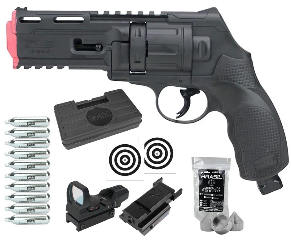 Revólver de Pressão CO2 HDR T4F .50 GEN2 Defense Umarex LTL + Munição Strike Fury + Co2 + Case + Laser + Red Dot + Alvos