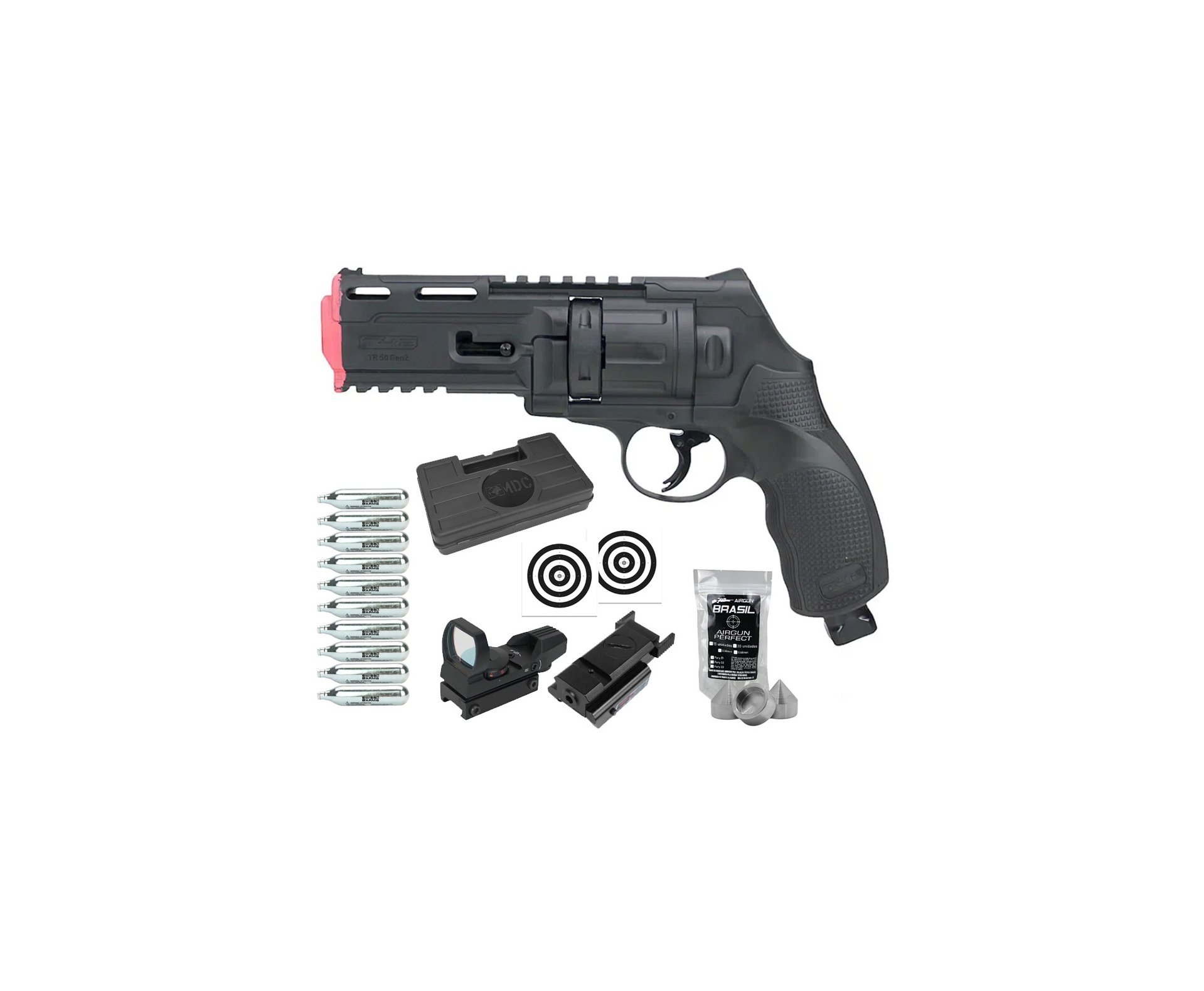 Revólver de Pressão CO2 HDR T4F .50 GEN2 Defense Umarex LTL + Munição Strike Fury + Co2 + Case + Laser + Red Dot + Alvos