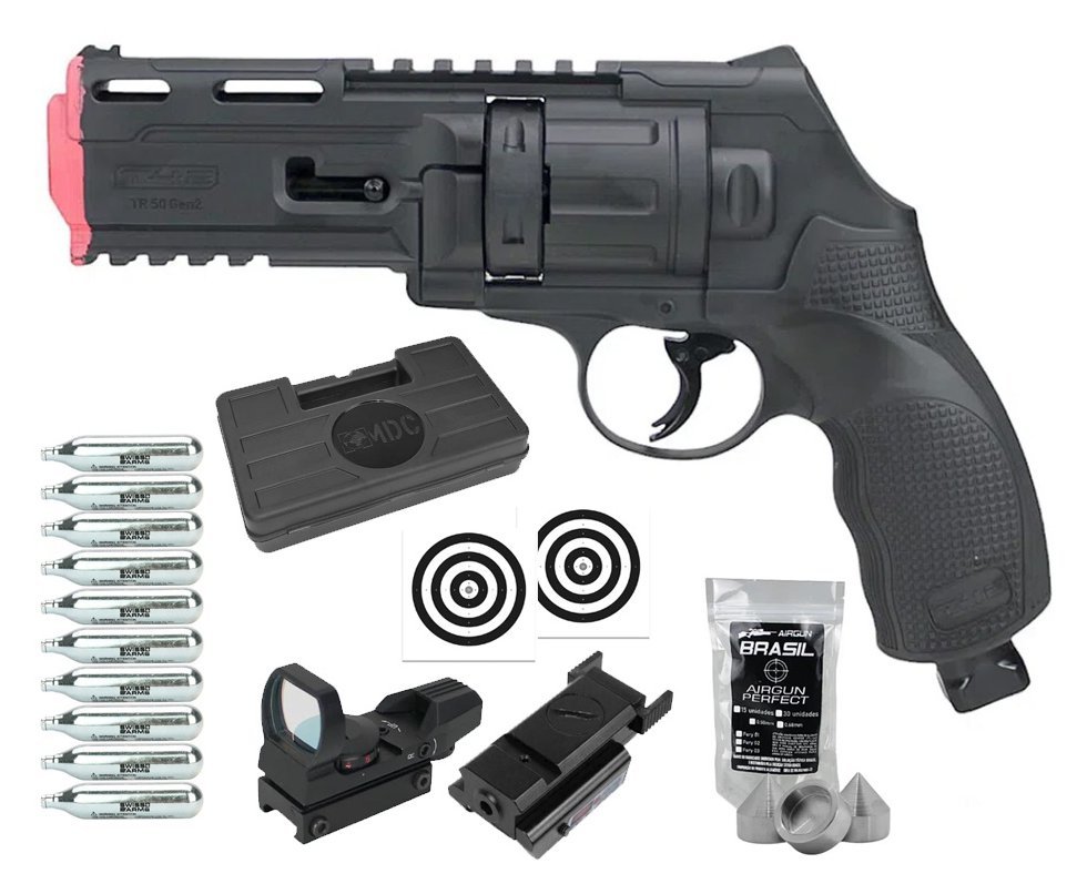 Revólver de Pressão CO2 HDR T4F .50 GEN2 Defense Umarex LTL + Munição Strike Fury + Co2 + Case + Laser + Red Dot + Alvos