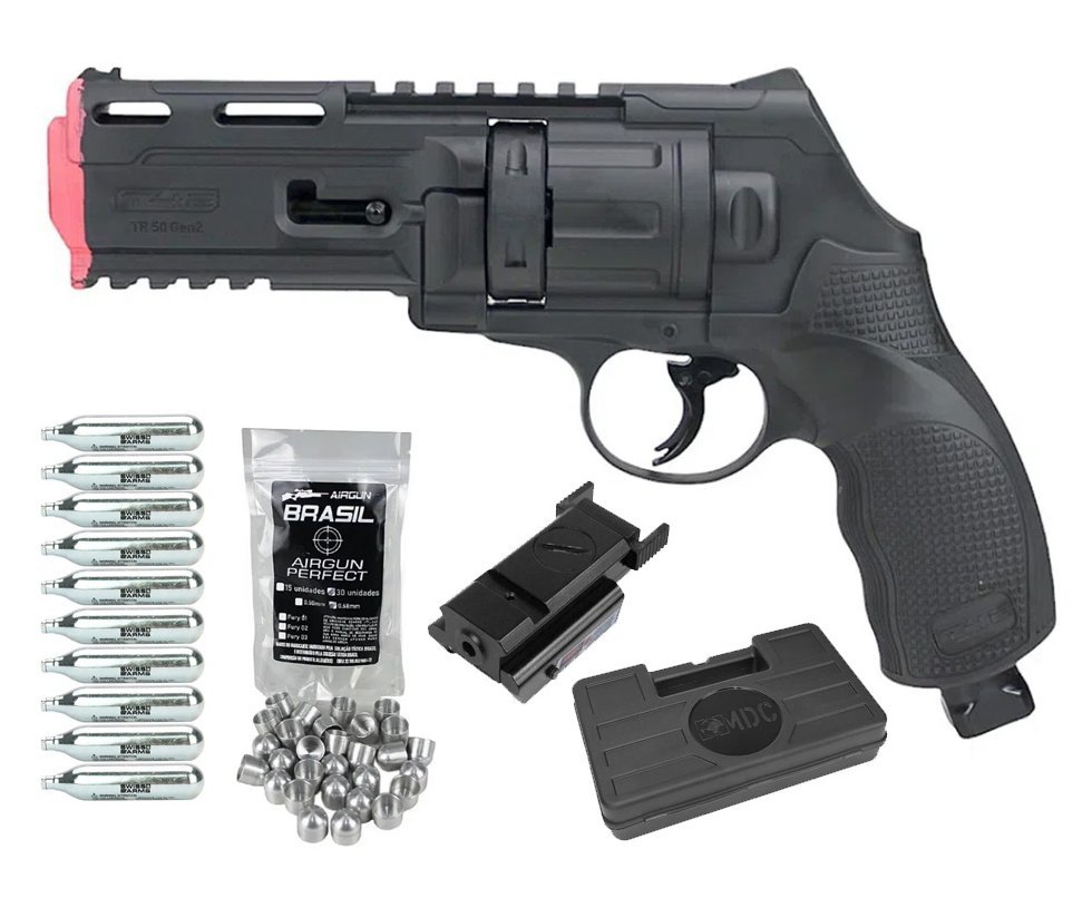 Revólver de Pressão CO2 HDR T4F .50 GEN2 Defense Umarex LTL + Munição Slug First Strike + Co2 + Case + Laser