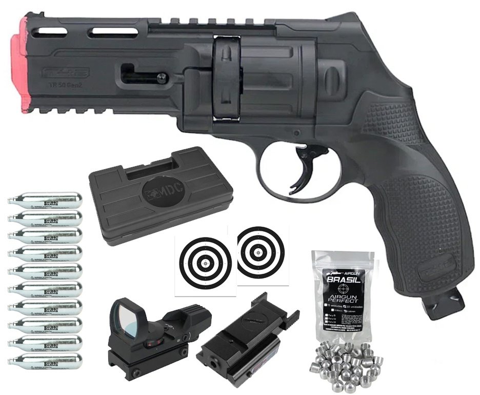 Revólver de Pressão CO2 HDR T4F .50 GEN2 Defense Umarex LTL + Munição Slug First Strike + Co2 + Case + Laser + Red Dot + Alvos