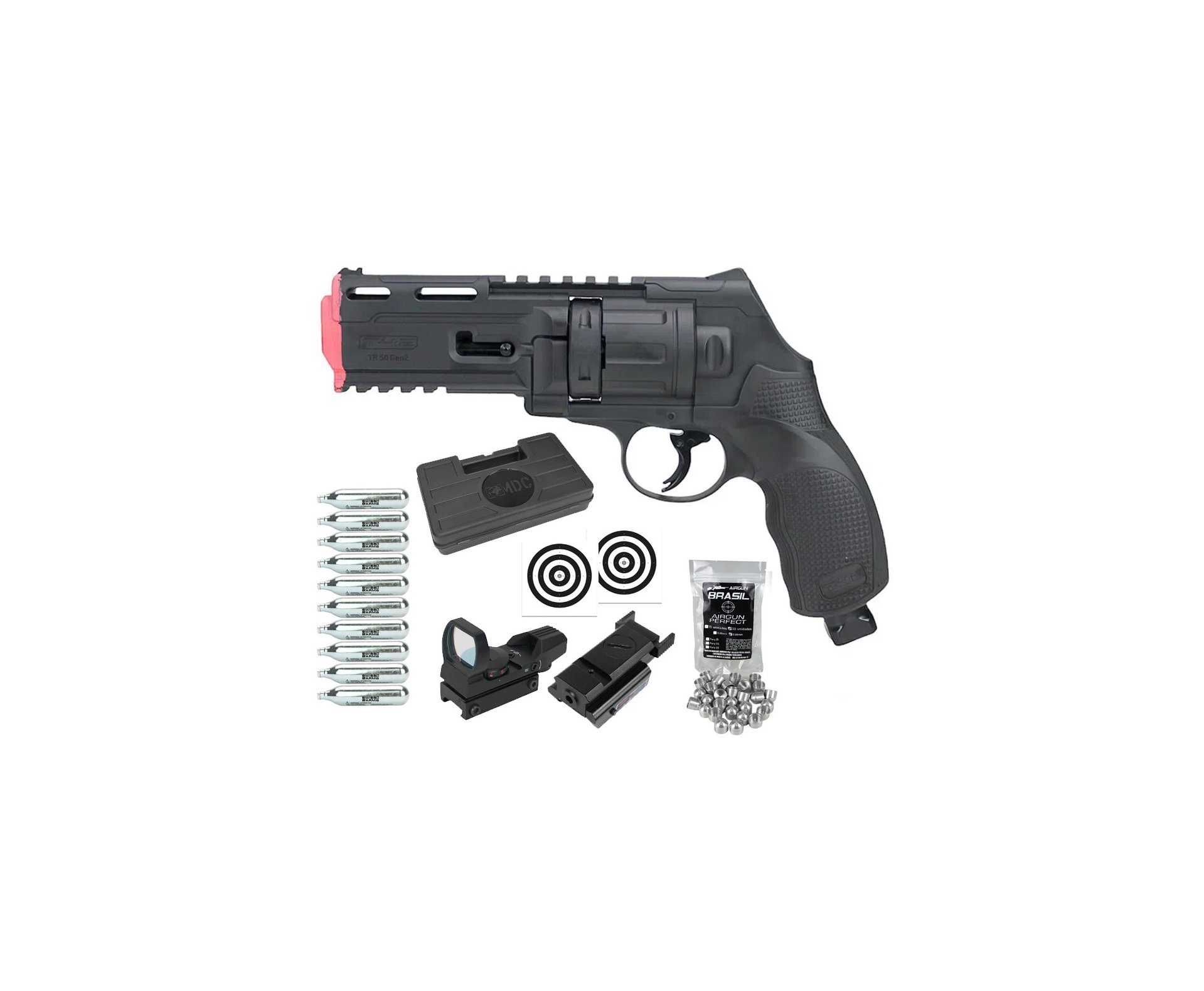 Revólver de Pressão CO2 HDR T4F .50 GEN2 Defense Umarex LTL + Munição Slug First Strike + Co2 + Case + Laser + Red Dot + Alvos