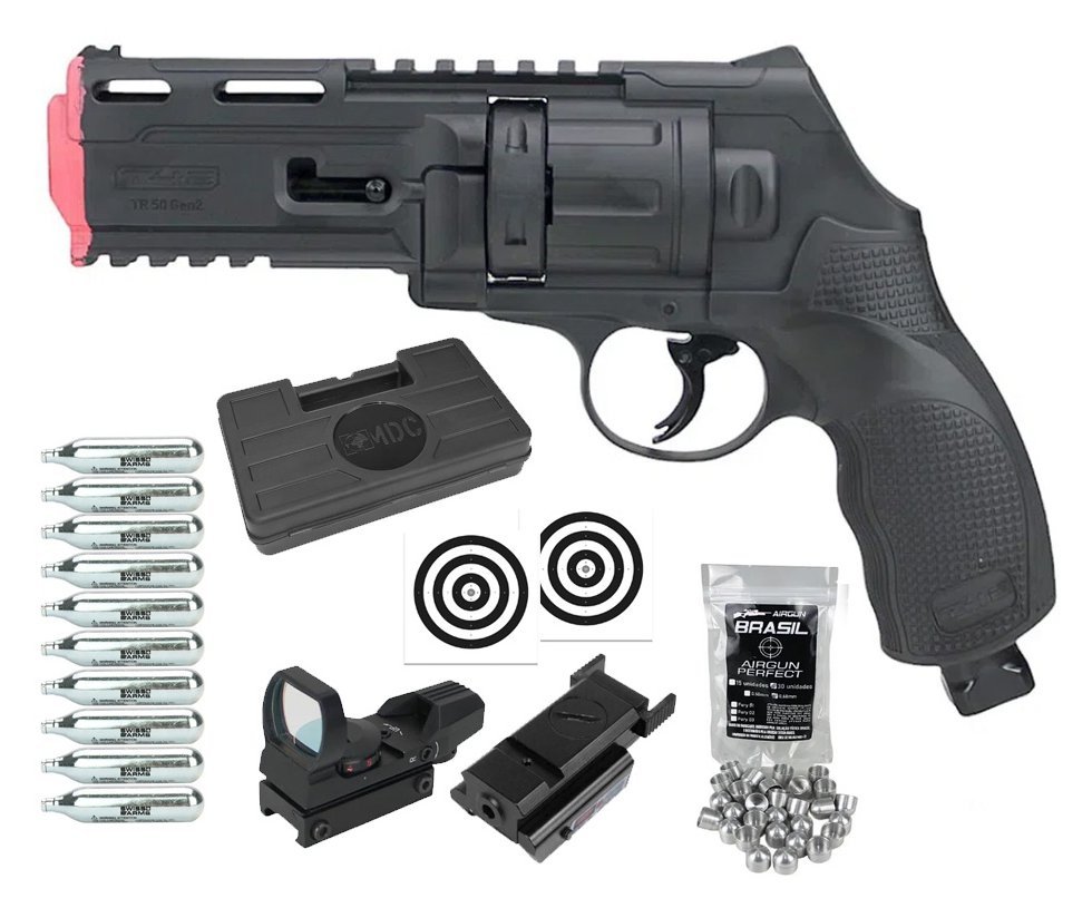 Revólver de Pressão CO2 HDR T4F .50 GEN2 Defense Umarex LTL + Munição Slug First Strike + Co2 + Case + Laser + Red Dot + Alvos