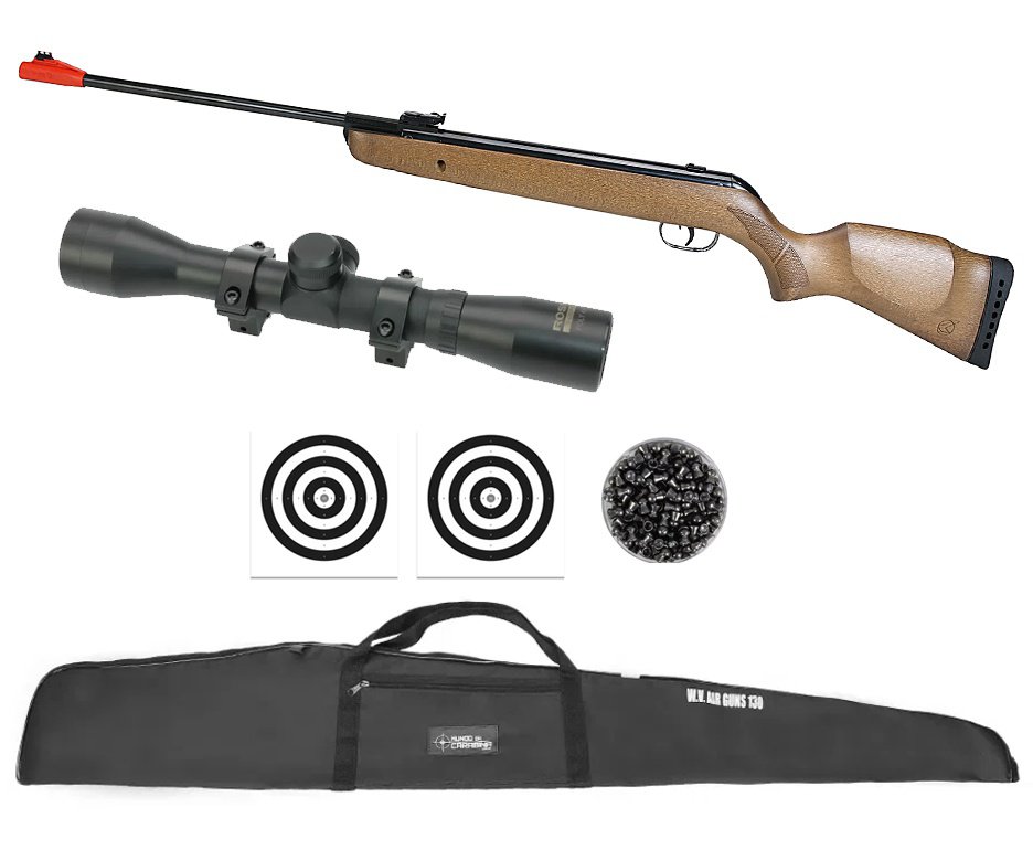 Carabina de Pressão Big Cat Hunter Mola Madeira 5,5mm - Gamo + Luneta 4x32 + Capa + Chumbo + Alvos