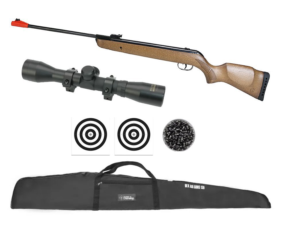 Carabina de Pressão Big Cat Hunter Mola Madeira 5,5mm - Gamo + Luneta 4x32 + Capa + Chumbo + Alvos