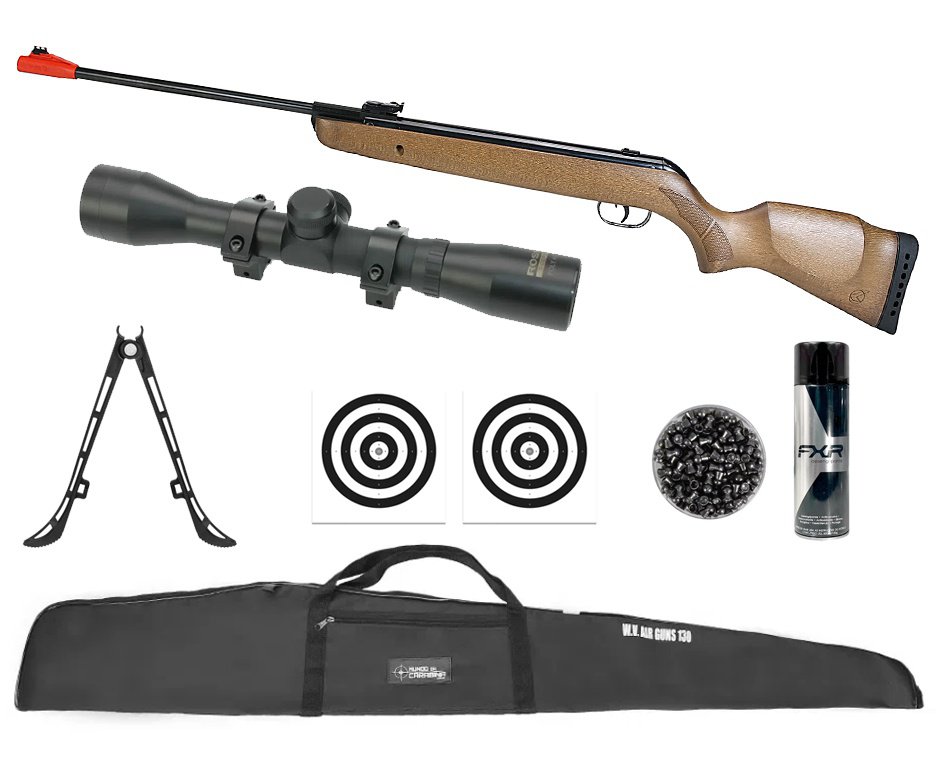 Carabina de Pressão Big Cat Hunter Mola Madeira 5,5mm - Gamo + Luneta 4x32 + Capa + Chumbo + Alvos + Bipé + Desengripante / Anticorrosivo