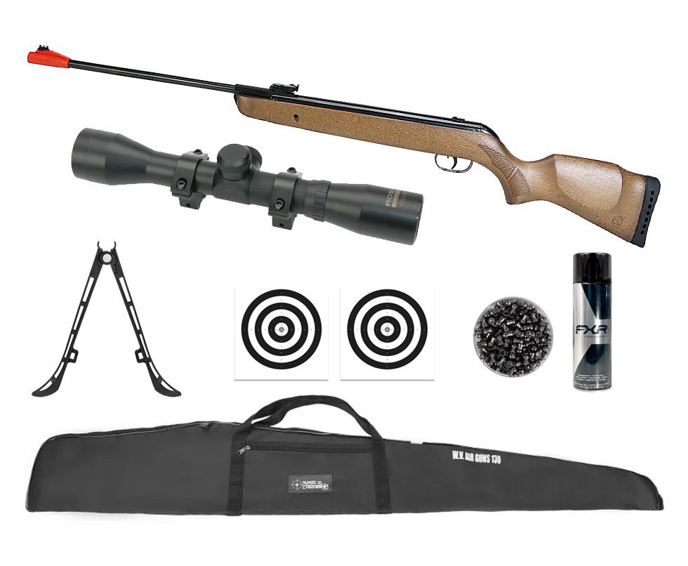 Carabina de Pressão Big Cat Hunter Mola Madeira 5,5mm - Gamo + Luneta 4x32 + Capa + Chumbo + Alvos + Bipé + Desengripante / Anticorrosivo