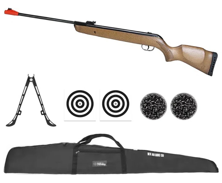 Carabina de Pressão Big Cat Hunter Mola Madeira 5,5mm - Gamo + Capa + Chumbo + Alvos + Bipé