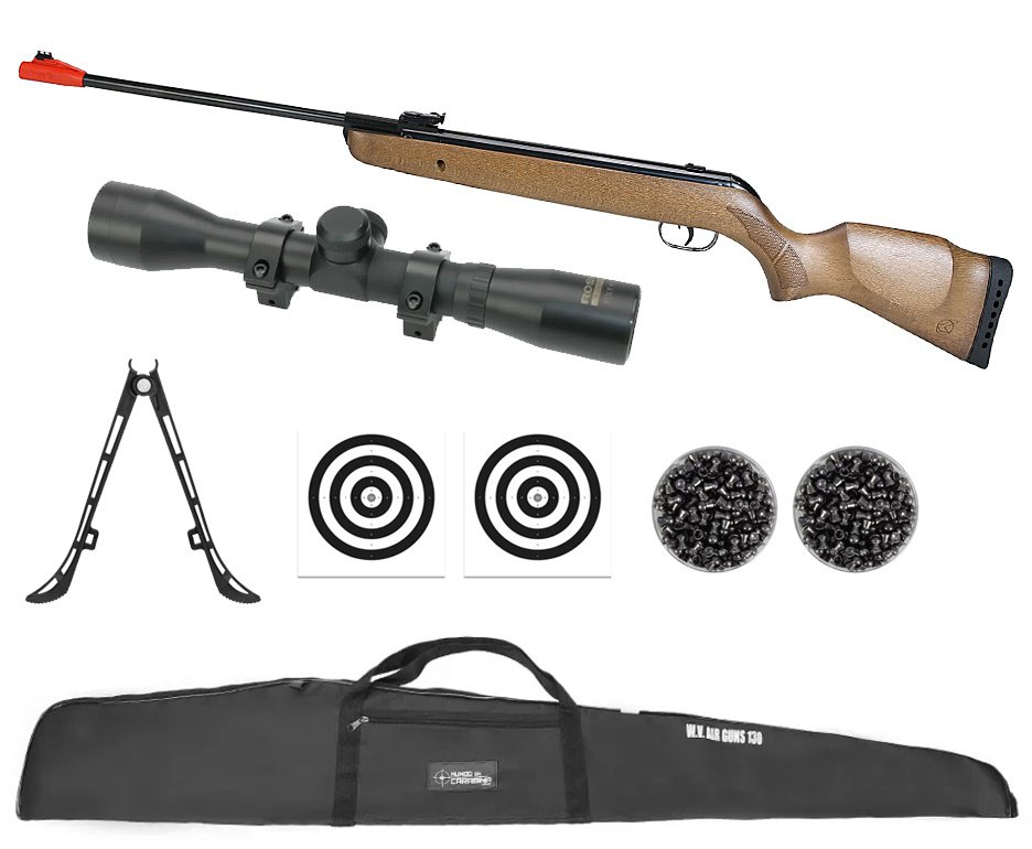 Carabina de Pressão Big Cat Hunter Mola Madeira 5,5mm - Gamo + Capa + Chumbo + Alvos + Bipé