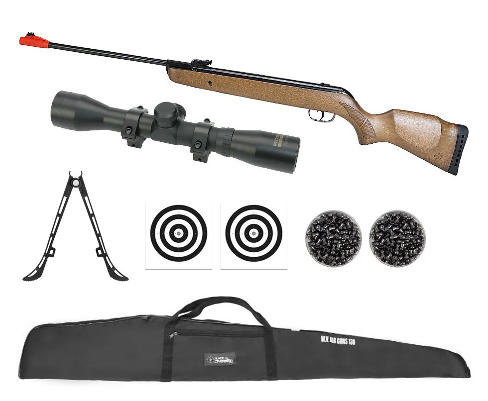 Carabina de Pressão Big Cat Hunter Mola Madeira 5,5mm - Gamo + Capa + Chumbo + Alvos + Bipé