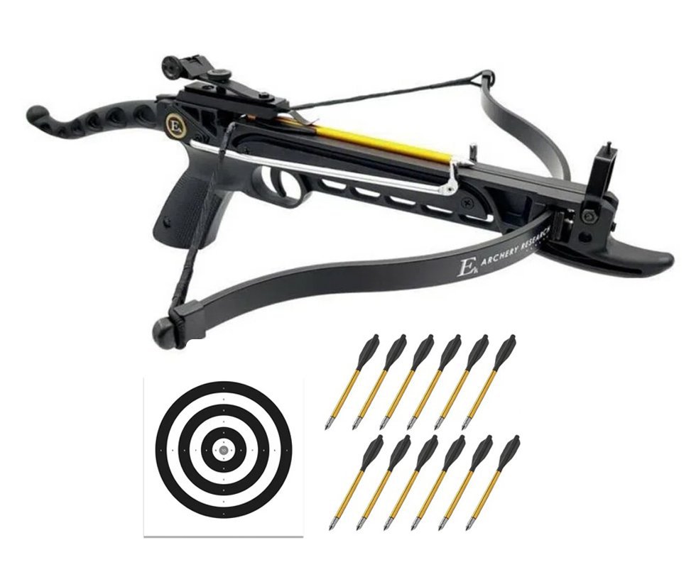 Besta / Balestra 80 libras Cobra Black Polímero - EK Archery + Kit 12 Setas de Alumínio + Alvos