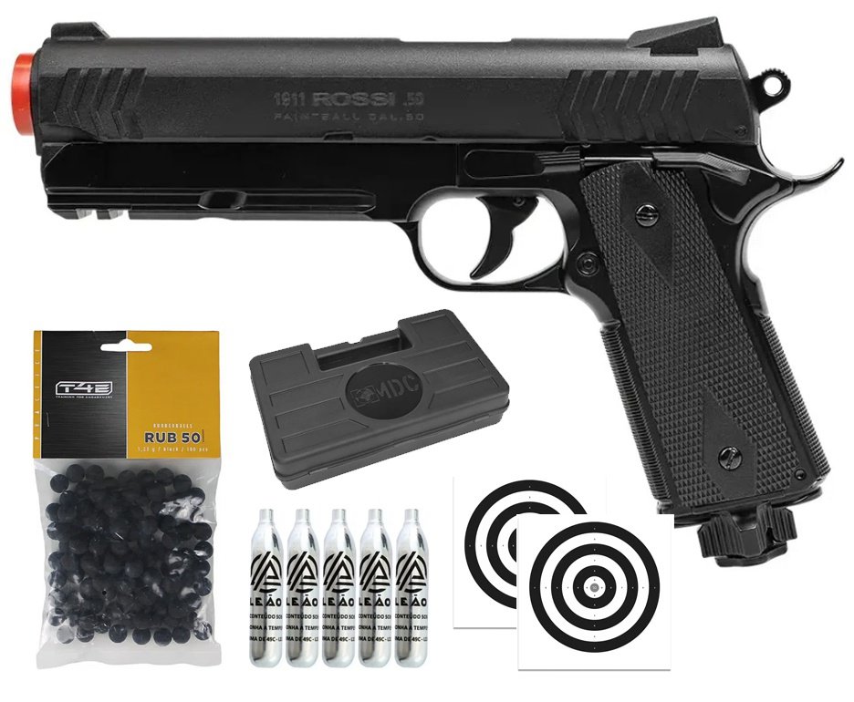 Pistola de Pressão Rossi 1911 CO2 .50 Home Defense Paintball + Co2 + Esferas de Borracha + Case + Alvos