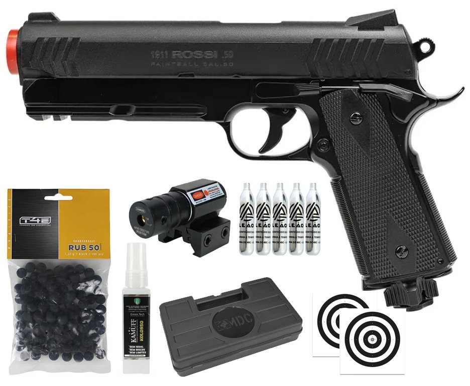 Pistola de Pressão Rossi 1911 CO2 .50 Home Defense Paintball + Co2 + Esferas de Borracha + Case + Alvos + Laser + Kamuff