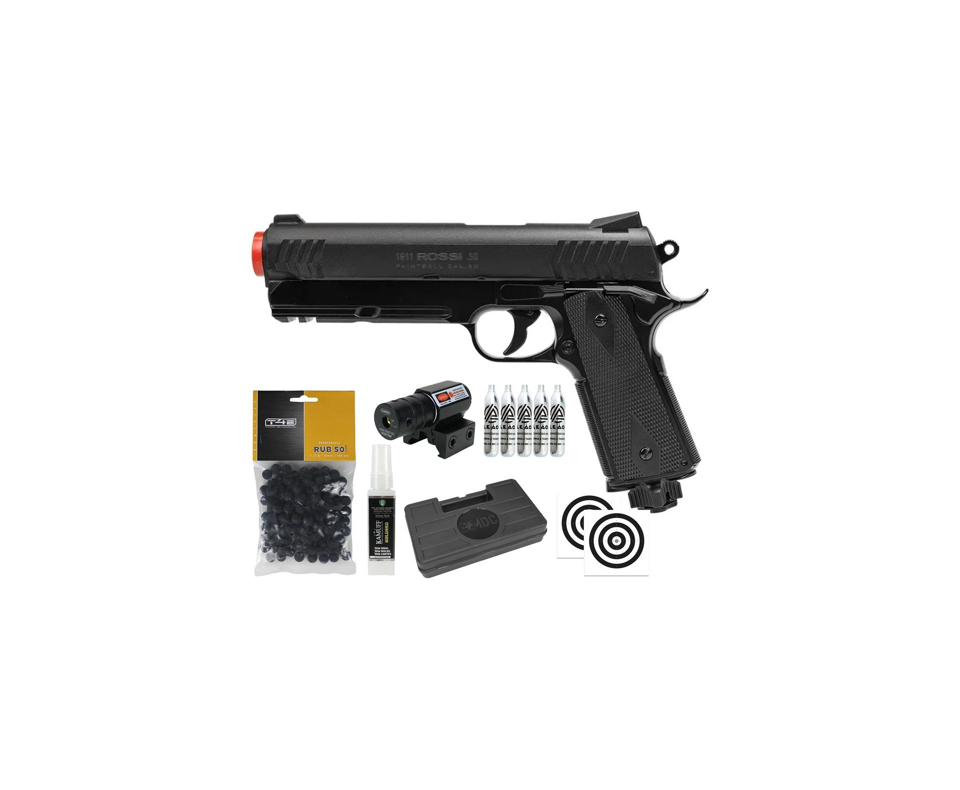 Pistola de Pressão Rossi 1911 CO2 .50 Home Defense Paintball + Co2 + Esferas de Borracha + Case + Alvos + Laser + Kamuff