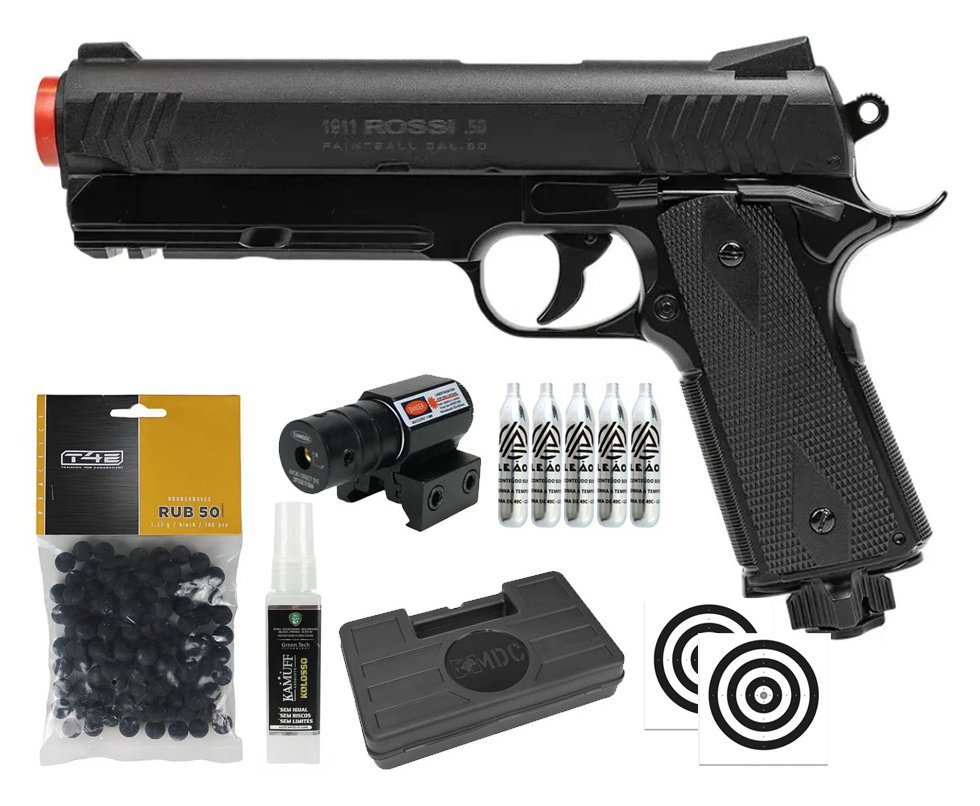 Pistola de Pressão Rossi 1911 CO2 .50 Home Defense Paintball + Co2 + Esferas de Borracha + Case + Alvos + Laser + Kamuff