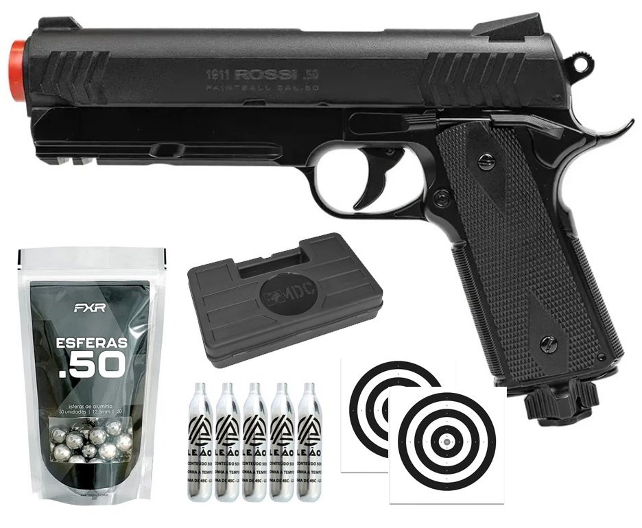 Pistola de Pressão Rossi 1911 CO2 .50 Home Defense Paintball + Co2 + Esferas de Alumínio + Case + Alvos