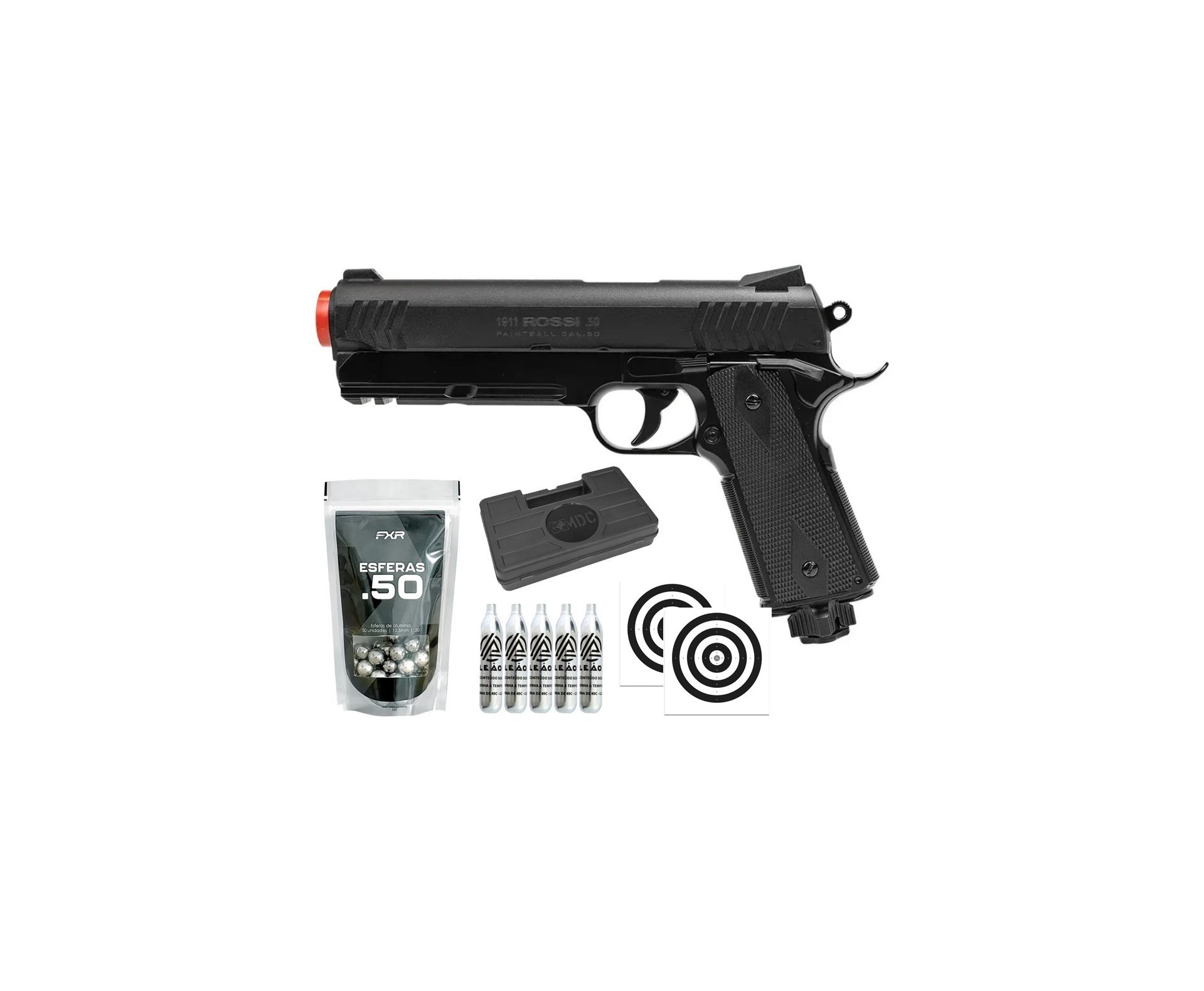 Pistola de Pressão Rossi 1911 CO2 .50 Home Defense Paintball + Co2 + Esferas de Alumínio + Case + Alvos