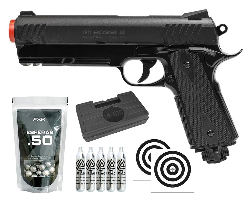 Pistola de Pressão Rossi 1911 CO2 .50 Home Defense Paintball + Co2 + Esferas de Alumínio + Case + Alvos