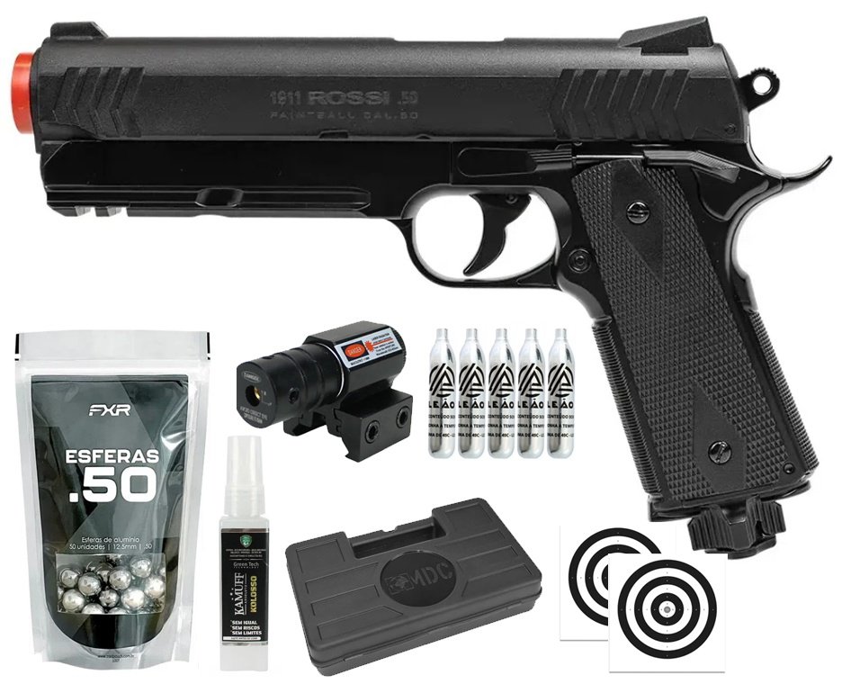Pistola de Pressão Rossi 1911 CO2 .50 Home Defense Paintball + Co2 + Esferas de Alumínio + Case + Alvos + Laser + Kamuff