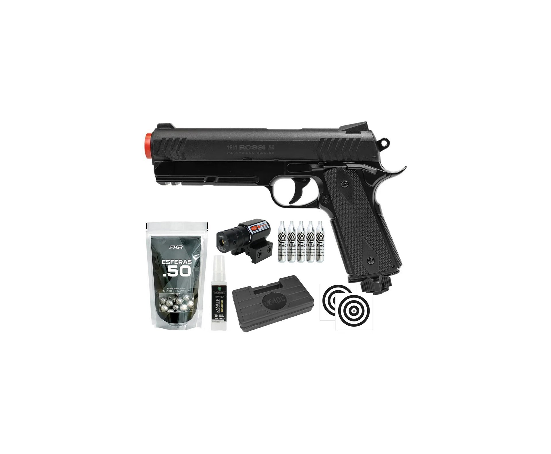 Pistola de Pressão Rossi 1911 CO2 .50 Home Defense Paintball + Co2 + Esferas de Alumínio + Case + Alvos + Laser + Kamuff