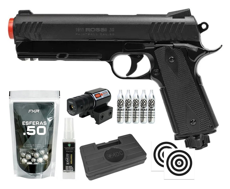 Pistola de Pressão Rossi 1911 CO2 .50 Home Defense Paintball + Co2 + Esferas de Alumínio + Case + Alvos + Laser + Kamuff