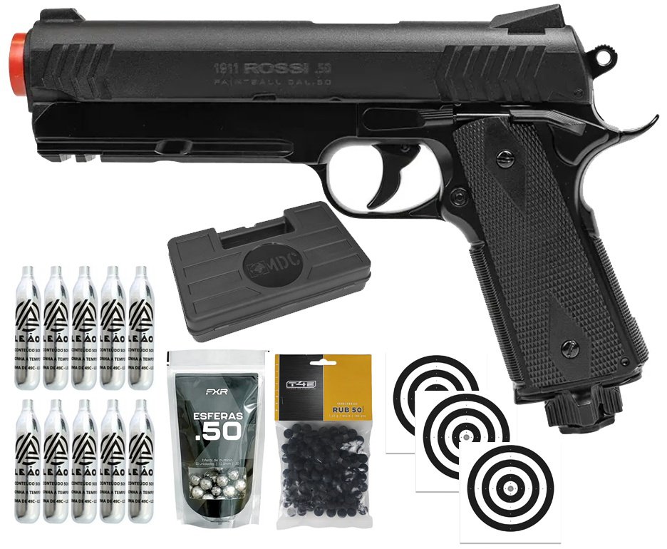 Pistola de Pressão Rossi 1911 CO2 .50 Home Defense Paintball + Co2 + Esferas de Alumínio + Esferas de Borracha + Case + Alvos