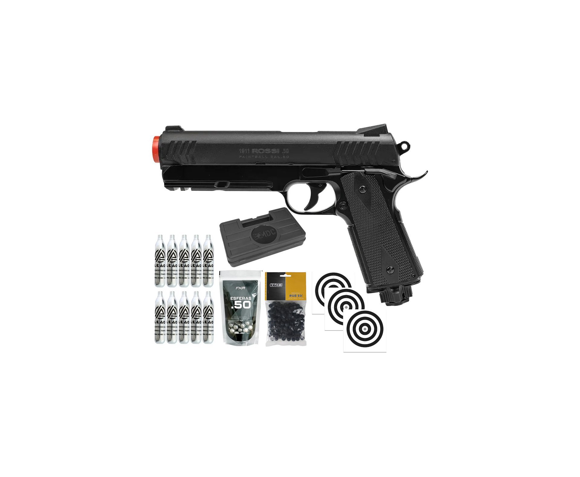 Pistola de Pressão Rossi 1911 CO2 .50 Home Defense Paintball + Co2 + Esferas de Alumínio + Esferas de Borracha + Case + Alvos