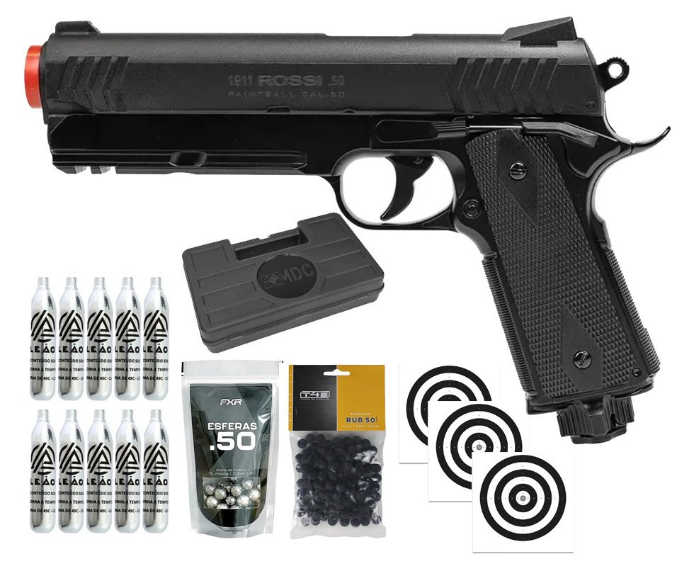 Pistola de Pressão Rossi 1911 CO2 .50 Home Defense Paintball + Co2 + Esferas de Alumínio + Esferas de Borracha + Case + Alvos
