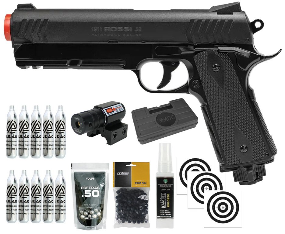 Pistola de Pressão Rossi 1911 CO2 .50 Home Defense Paintball + Co2 + Esferas de Alumínio + Esferas de Borracha + Case + Alvos + Laser + Kamuff