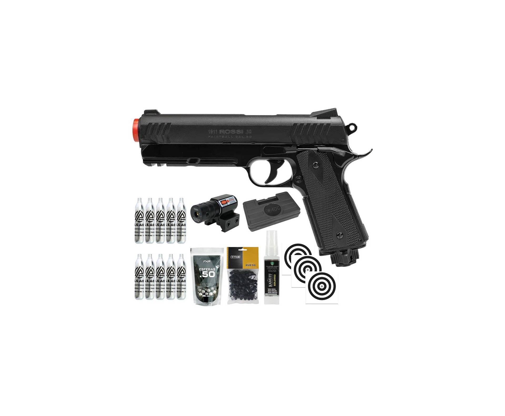 Pistola de Pressão Rossi 1911 CO2 .50 Home Defense Paintball + Co2 + Esferas de Alumínio + Esferas de Borracha + Case + Alvos + Laser + Kamuff
