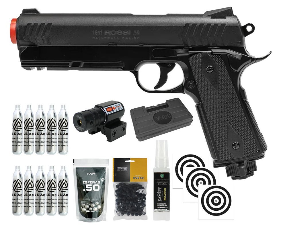 Pistola de Pressão Rossi 1911 CO2 .50 Home Defense Paintball + Co2 + Esferas de Alumínio + Esferas de Borracha + Case + Alvos + Laser + Kamuff