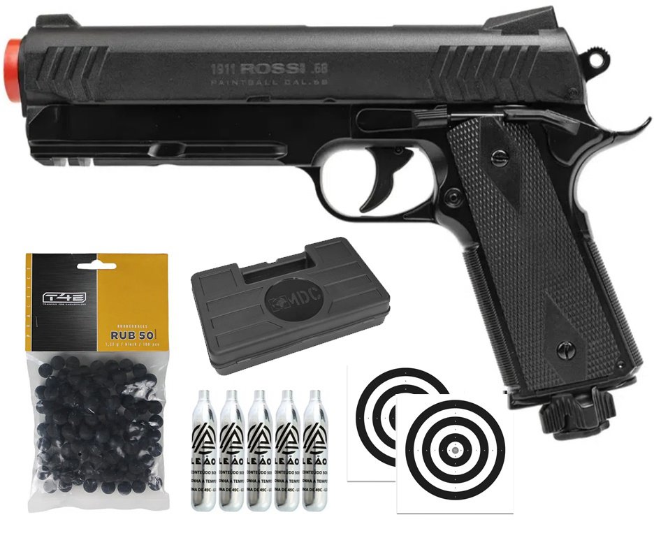 Pistola de Pressão Rossi 1911 CO2 .68 Home Defense Paintball + Co2 + Esferas de Borracha + Case + Alvos