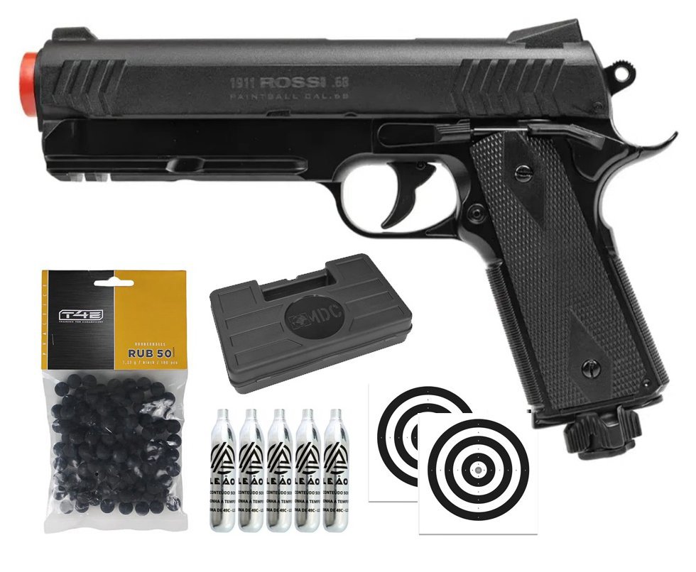 Pistola de Pressão Rossi 1911 CO2 .68 Home Defense Paintball + Co2 + Esferas de Borracha + Case + Alvos