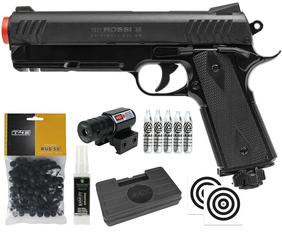 Pistola de Pressão Rossi 1911 CO2 .68 Home Defense Paintball + Co2 + Esferas de Borracha + Case + Alvos + Laser + Kamuff