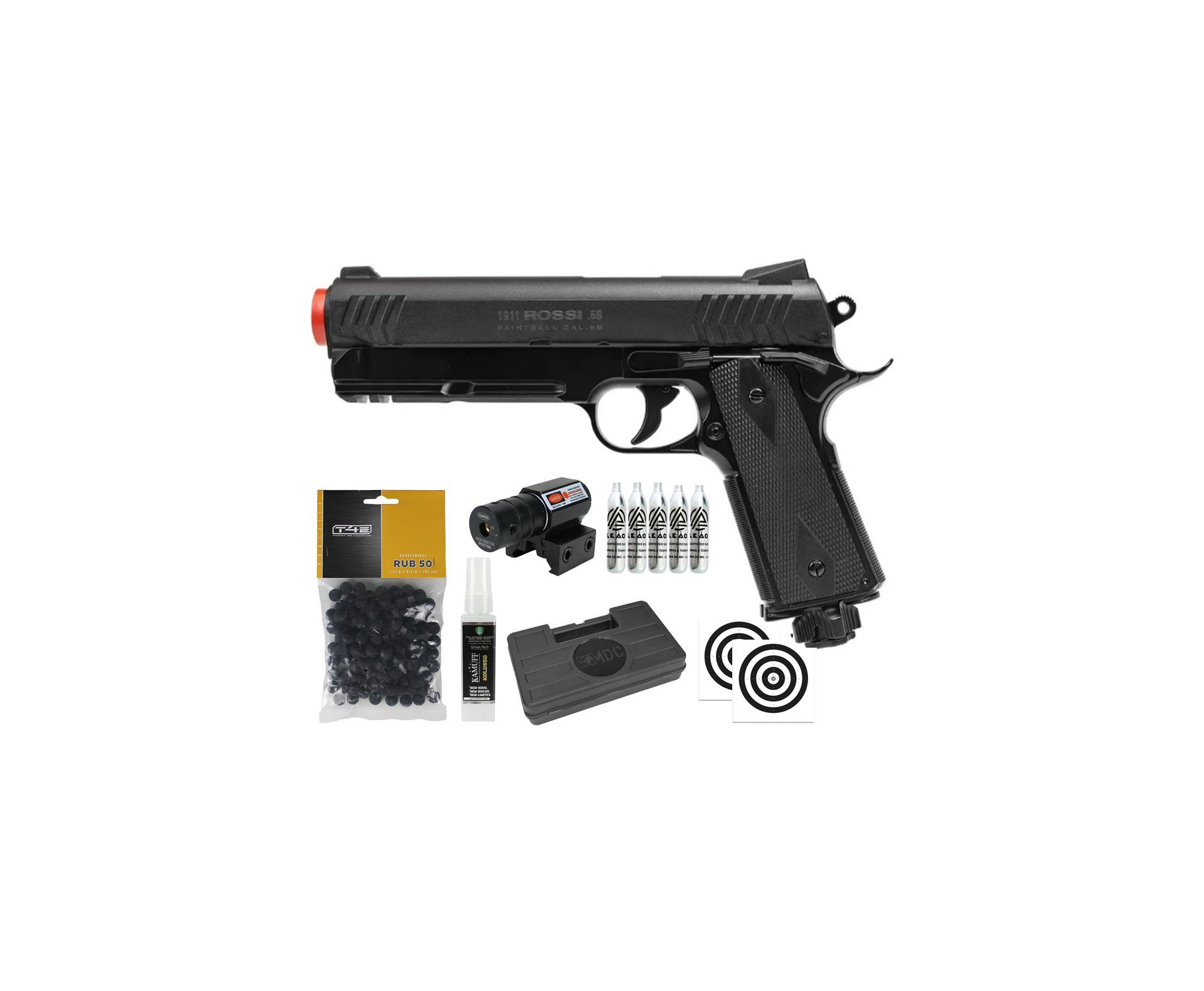 Pistola de Pressão Rossi 1911 CO2 .68 Home Defense Paintball + Co2 + Esferas de Borracha + Case + Alvos + Laser + Kamuff