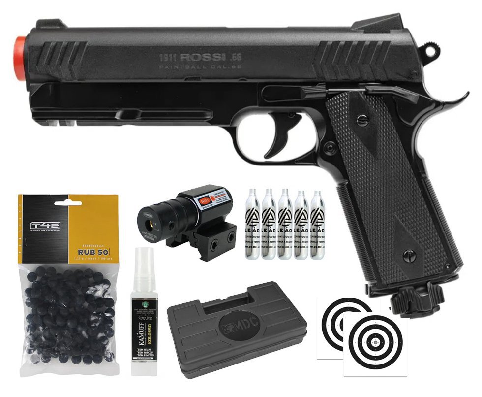 Pistola de Pressão Rossi 1911 CO2 .68 Home Defense Paintball + Co2 + Esferas de Borracha + Case + Alvos + Laser + Kamuff