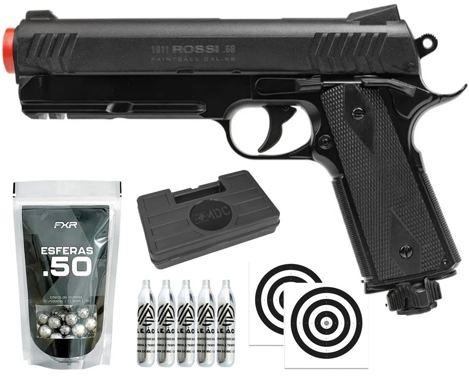 Pistola de Pressão Rossi 1911 CO2 .68 Home Defense Paintball + Co2 + Esferas de Alumínio + Case + Alvos